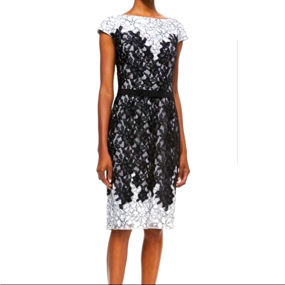 Tadashi Shoji White Midi Dress with Black Lace Overlay